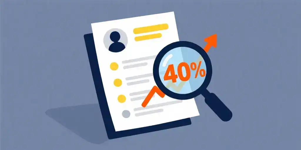 Magnifying glass highlighting a 40% growth metric on a resume document.