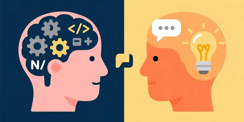 Illustration showing a brain divided into technical skills and communication soft skills.