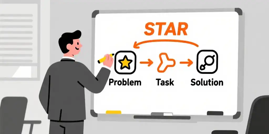 Data analyst character drawing a problem-solving diagram on a whiteboard.