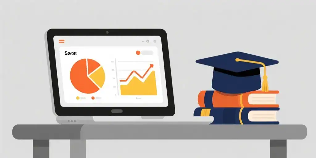 Laptop showing a data project portfolio next to academic books and a graduation cap.