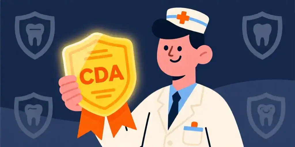 Dental assistant character proudly holding a large yellow Certified Dental Assistant badge.