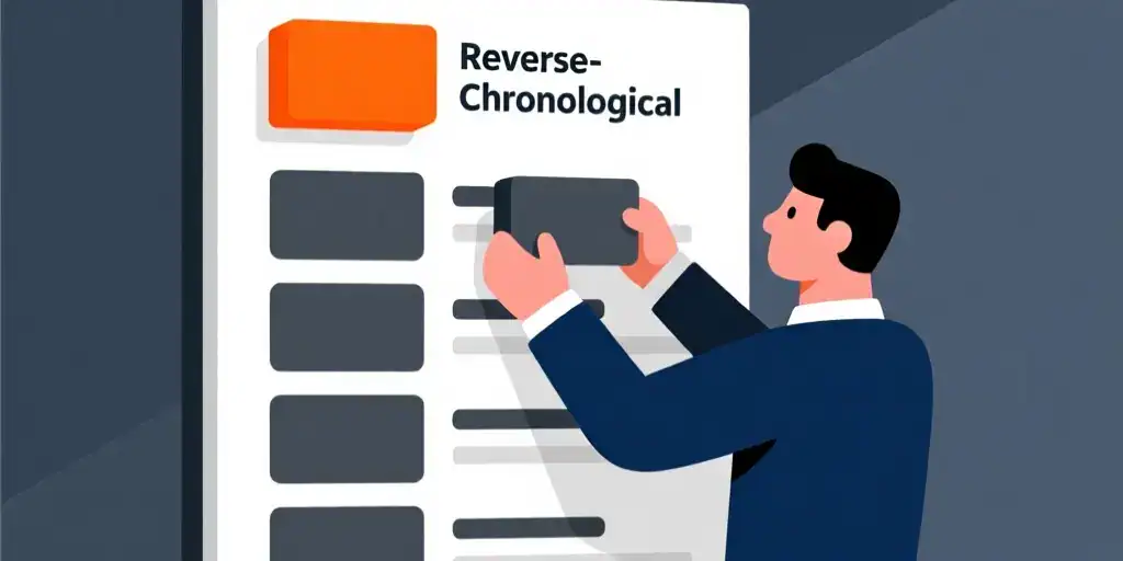 Character organizing resume sections into a clean reverse-chronological layout.