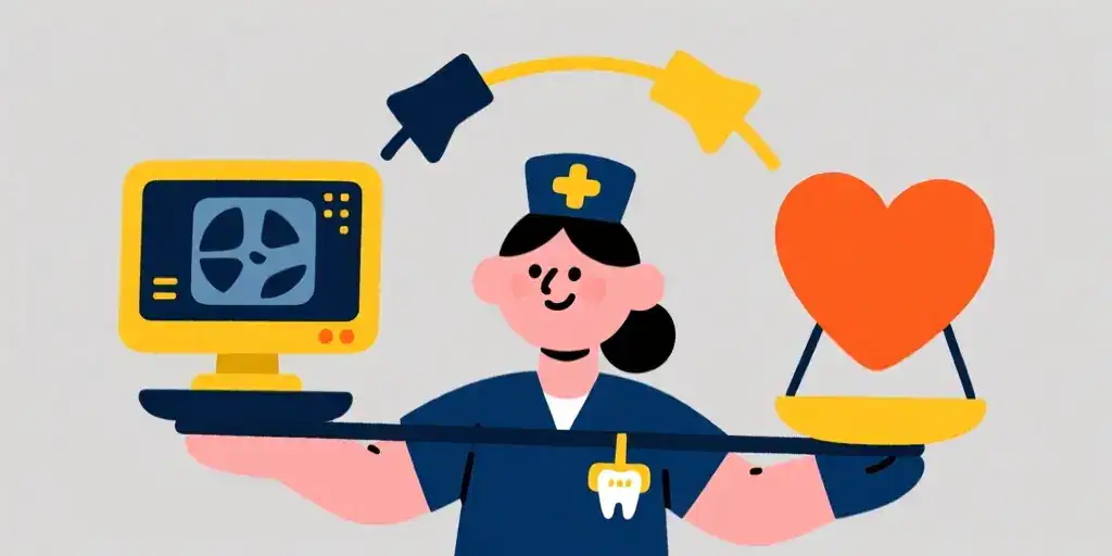 Dental assistant character balancing a computer icon and a heart icon representing hard and soft skills.