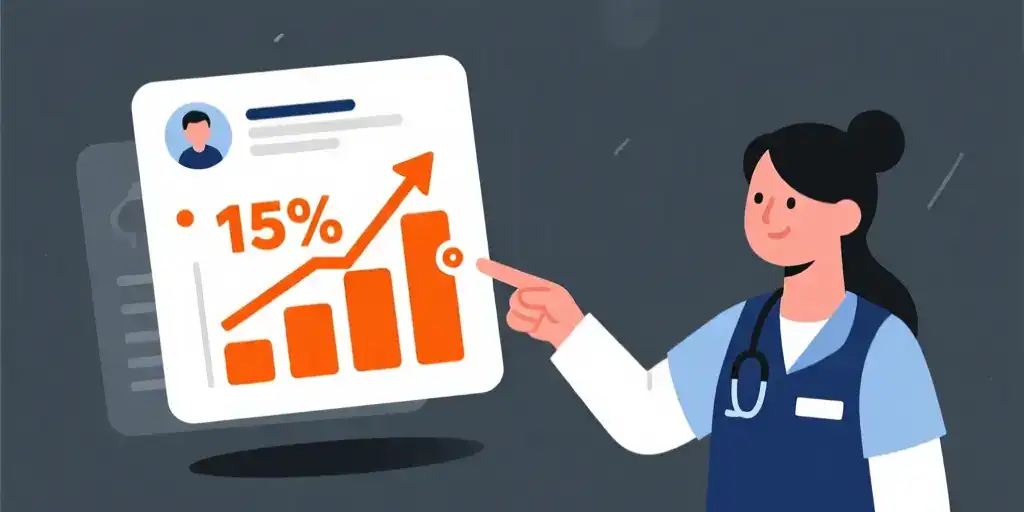 Dental assistant pointing to a resume bullet point that turns into a rising growth chart.