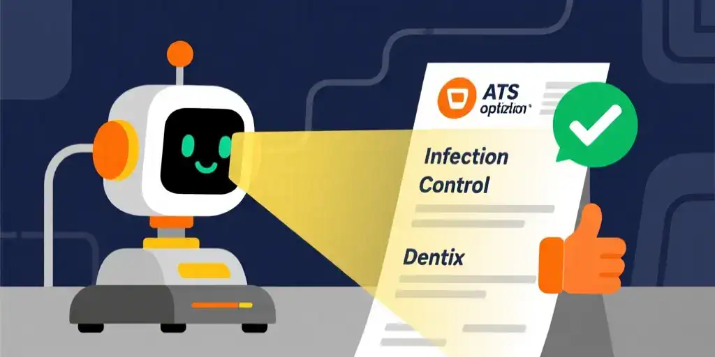 A stylized digital scanner reviewing a resume for keywords with a success indicator.