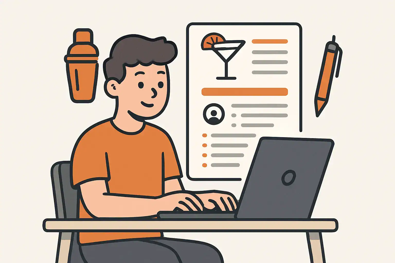 A job seeker using a laptop to create a bartender resume with digital tools.