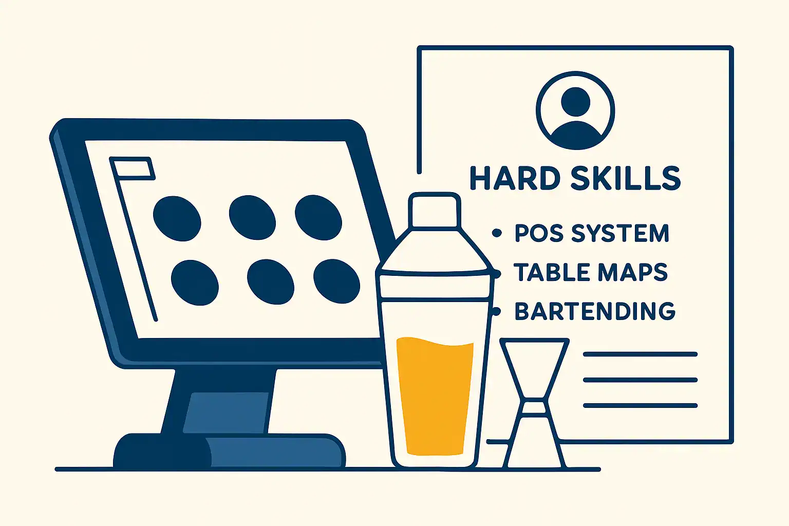 Illustration showing POS system and bar tools representing hard skills on a resume.
