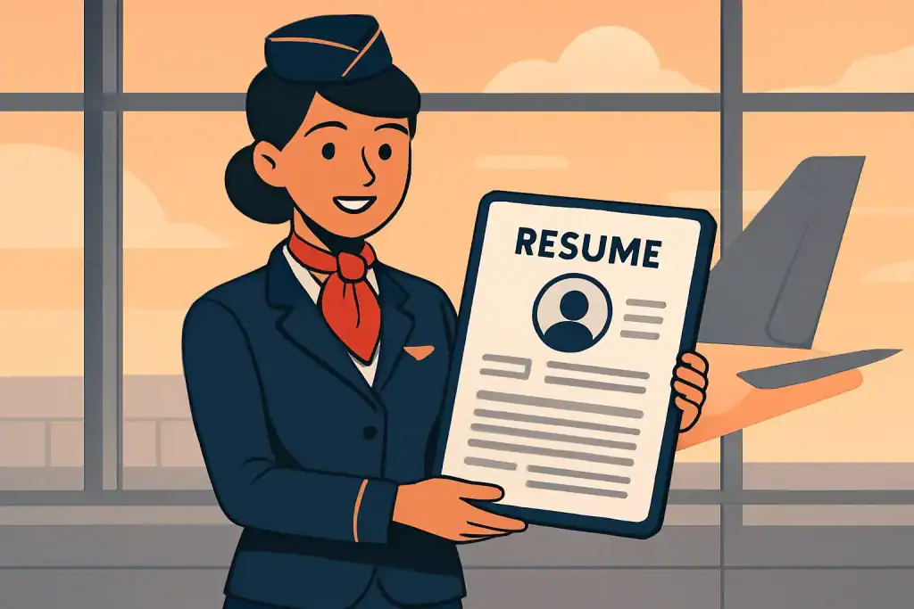 Cartoon illustration of a flight attendant holding a digital resume in an airport terminal.