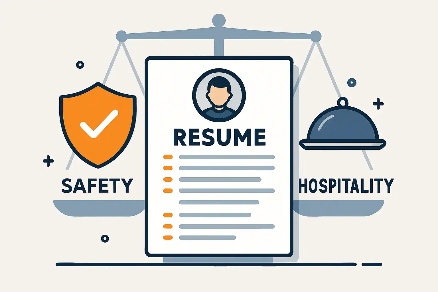 Illustration showing a balance between safety and hospitality icons on a resume concept.