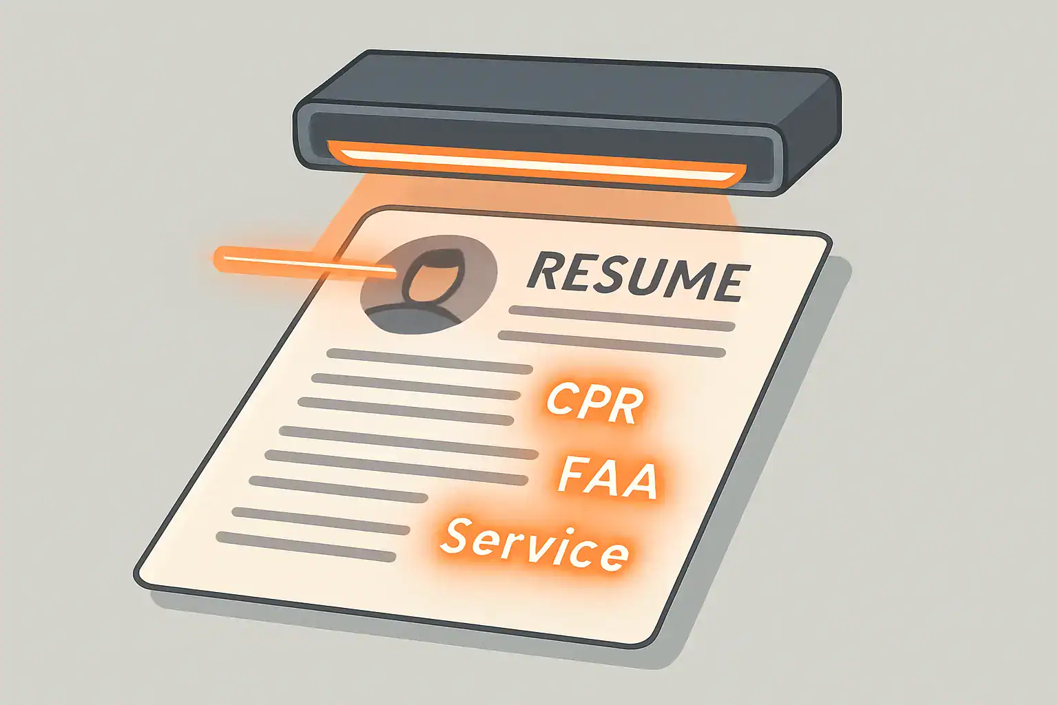 Vector graphic of a digital scanner highlighting keywords on a resume for ATS optimization.