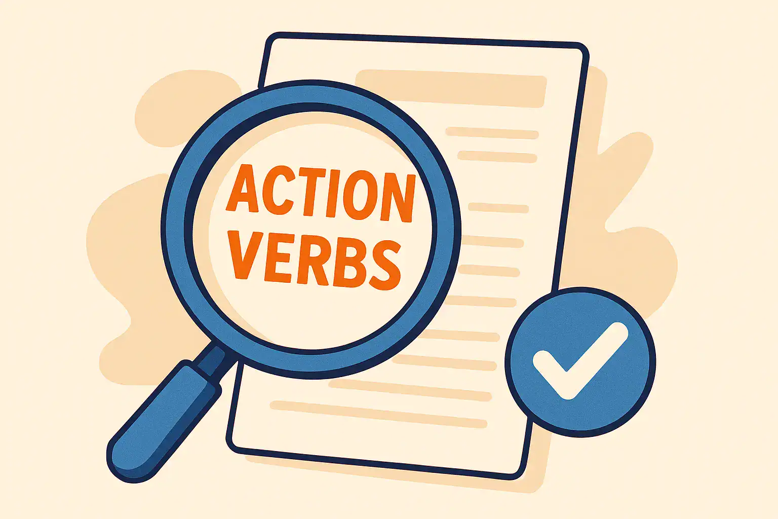 Magnifying glass illustration focusing on strong action verbs on a resume document.