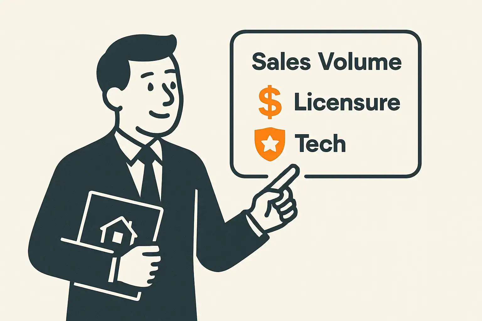 Illustration of a real estate agent reviewing key resume metrics like sales volume and licensure.