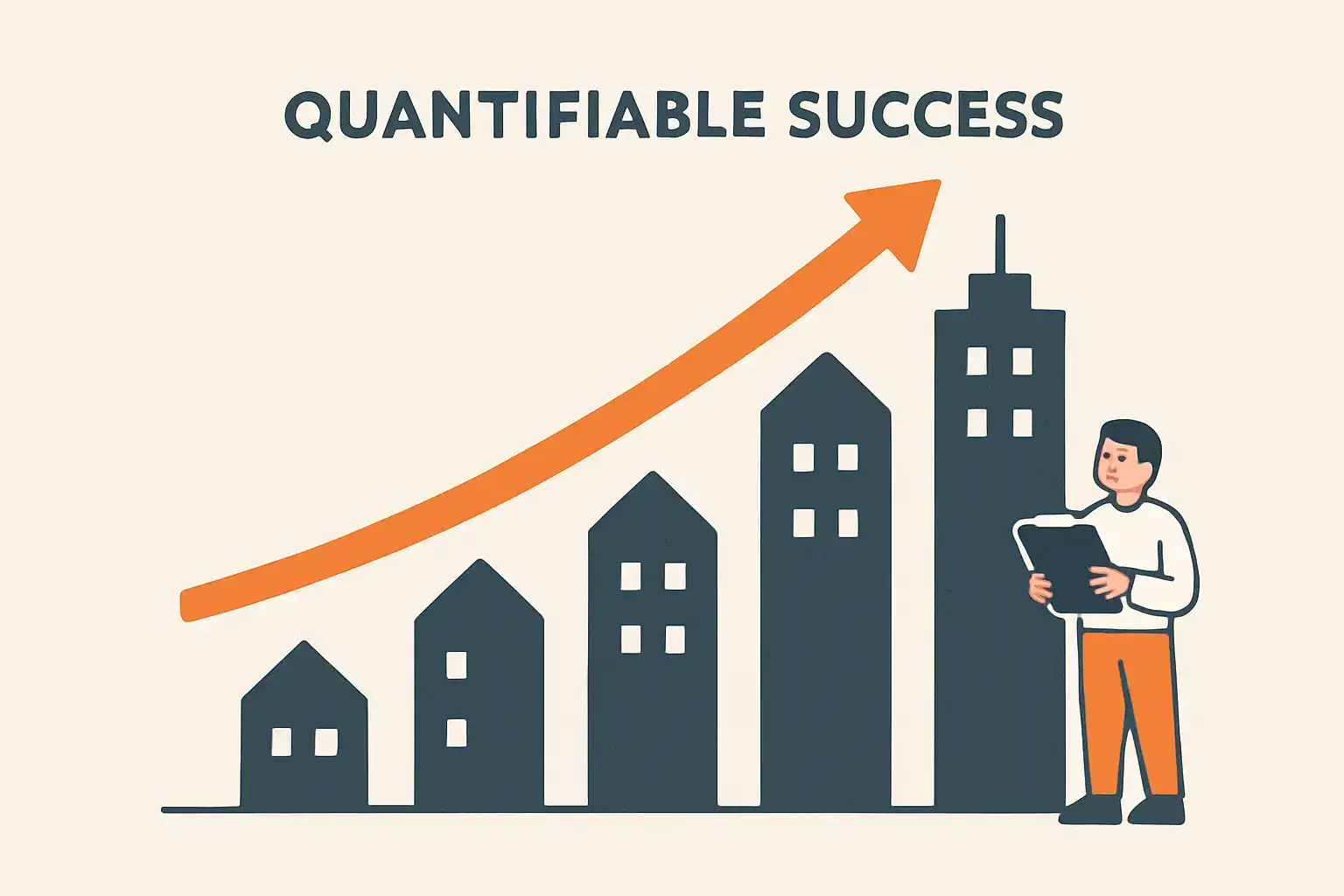 A rising bar chart shaped like buildings representing increasing real estate sales volume.