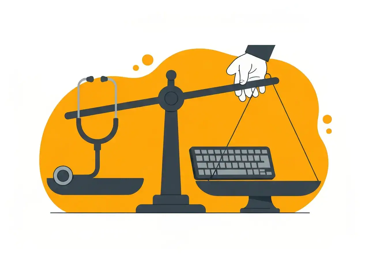 Illustration showing a balance between a stethoscope and a keyboard representing dual skills.