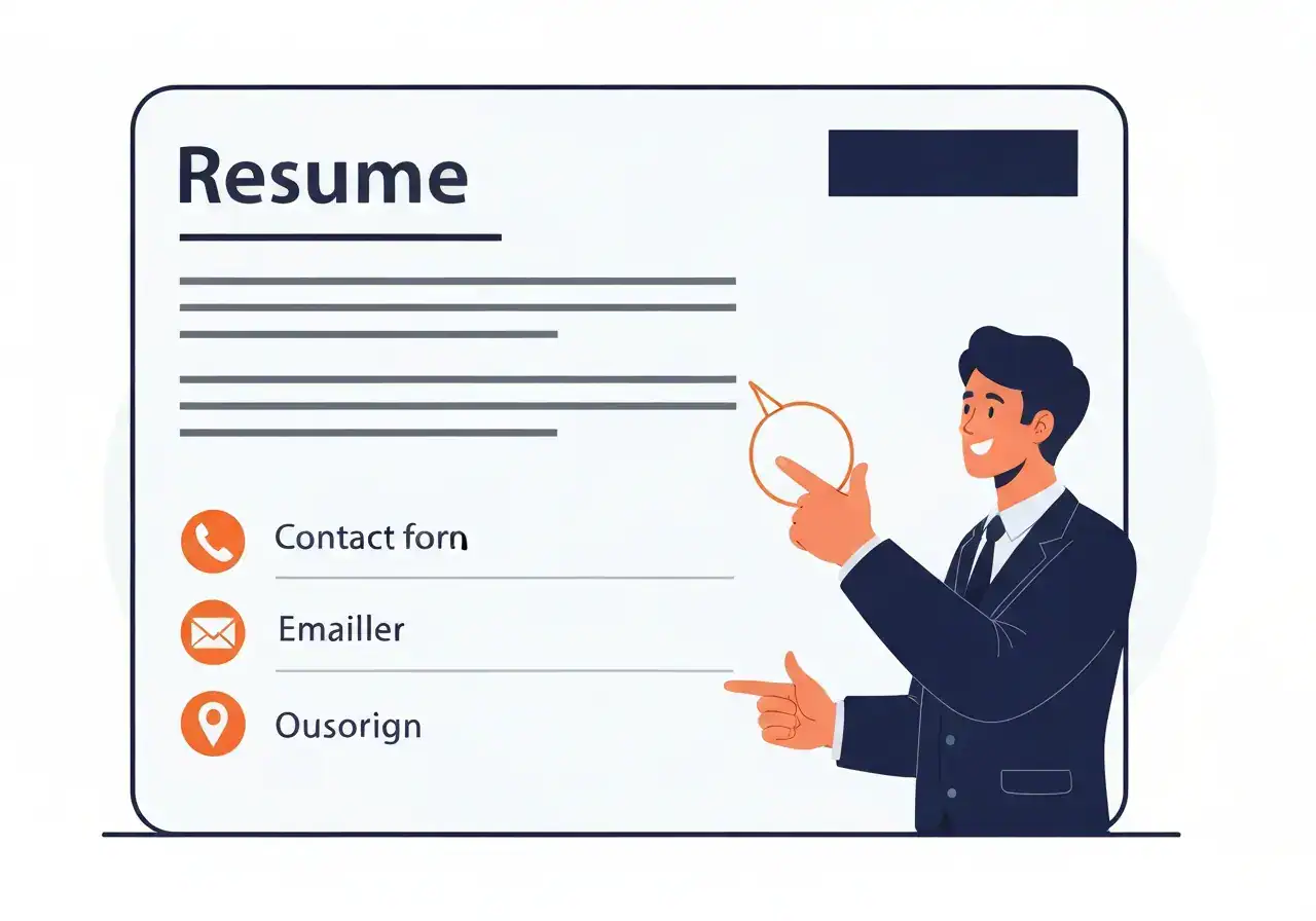Cartoon character reviewing the header section of a resume for contact info accuracy.
