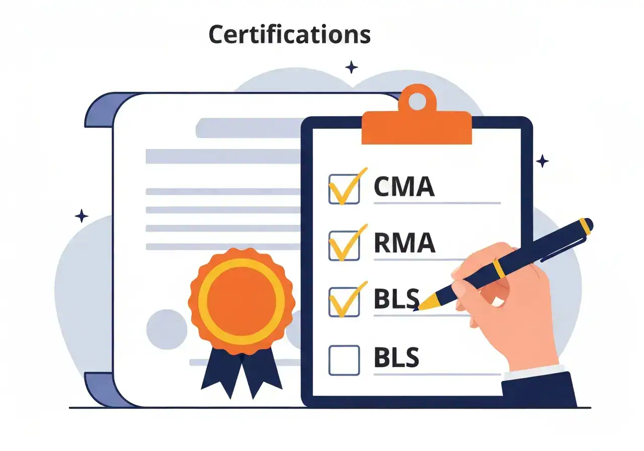 Illustration of a medical certificate and a checklist with CMA and BLS checked off.