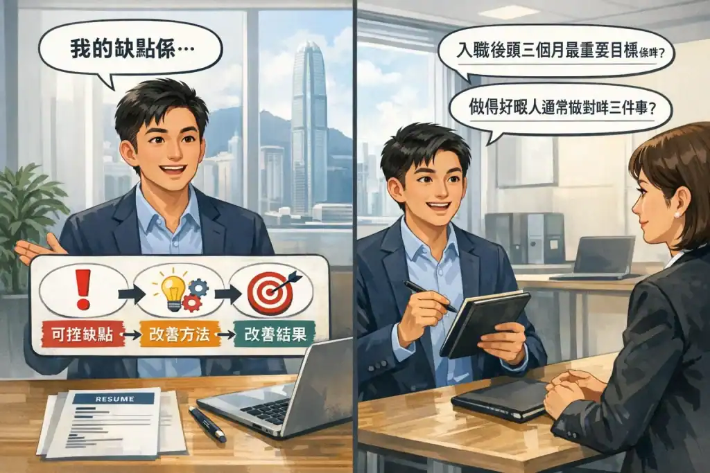 插圖顯示香港求職者在面試中回答缺點問題並提出反問，畫面同時標示三步法「可控缺點 → 改善方法 → 結果」，以及兩個反問範例，背景為現代辦公室，氛圍專業且聚焦面試策略。