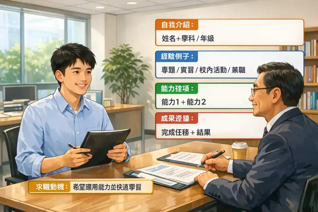 插圖展示一名大學生在校內面試中進行自我介紹，桌上有簡歷和筆記，文字框標示回答框架，包括姓名、學科/年級、專題或實習經驗、能力強項、成果證據及求職動機，背景為現代校園面試室，氛圍專業且實用。