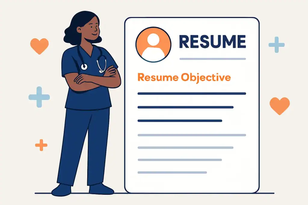 A professional nurse standing next to a large resume document with objective section highlighted.